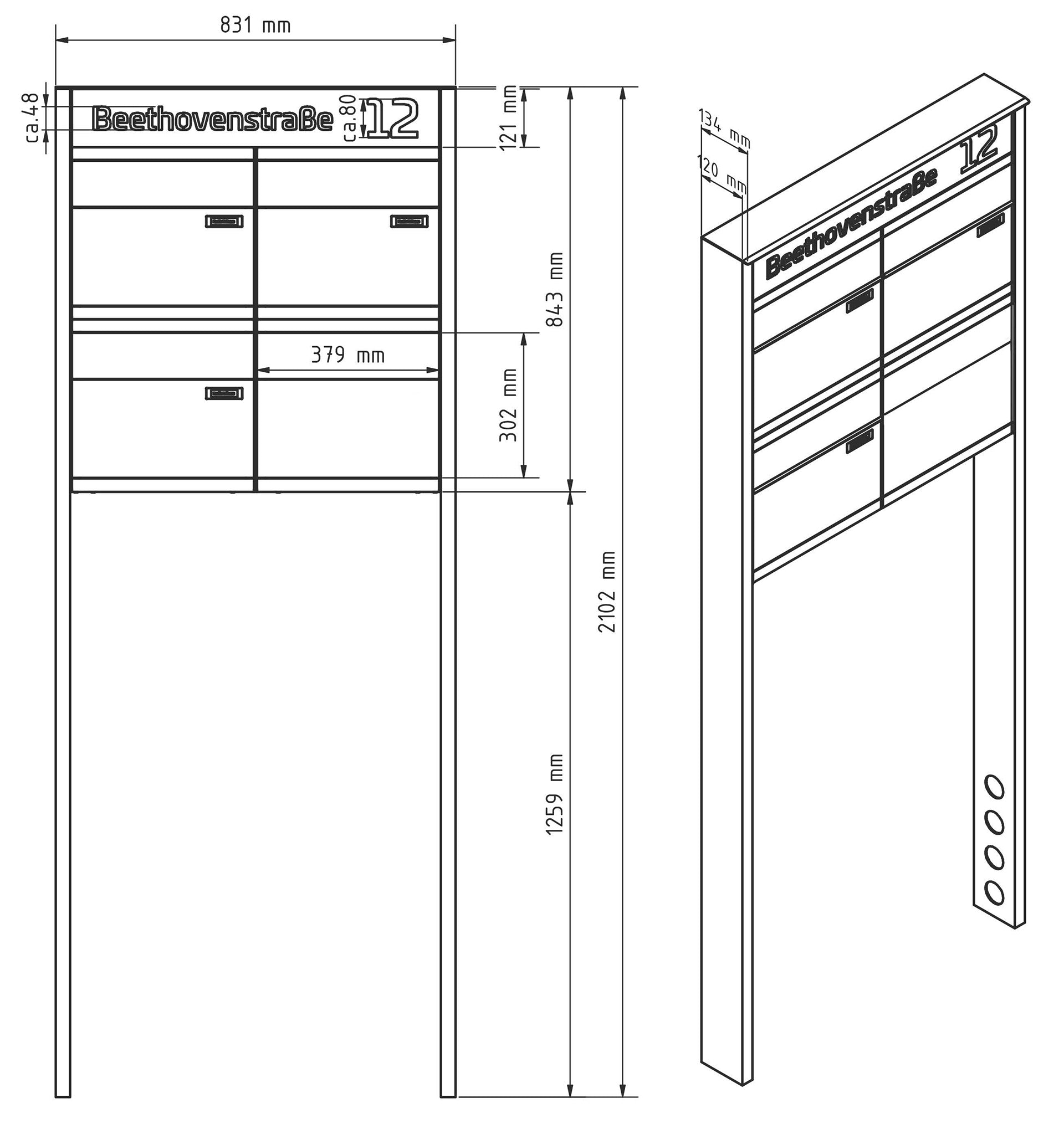Briefkastenanlage NINE SELECT | 3 Briefkästen | freistehend, zum einbetonieren | Anthrazitgrau RAL 7016