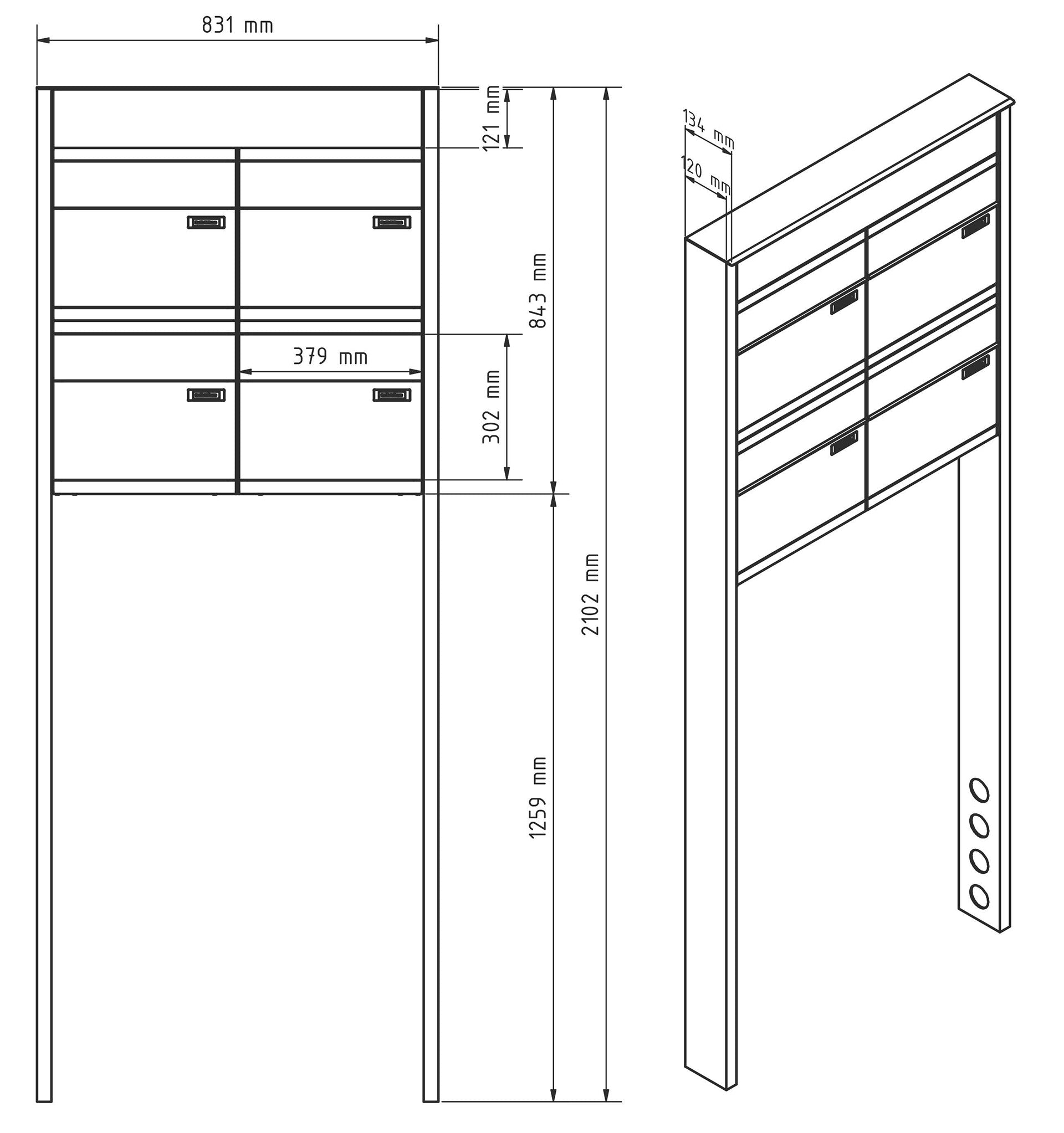 Briefkastenanlage NINE | 4 Briefkästen | freistehend, zum einbetonieren | Anthrazitgrau RAL 7016