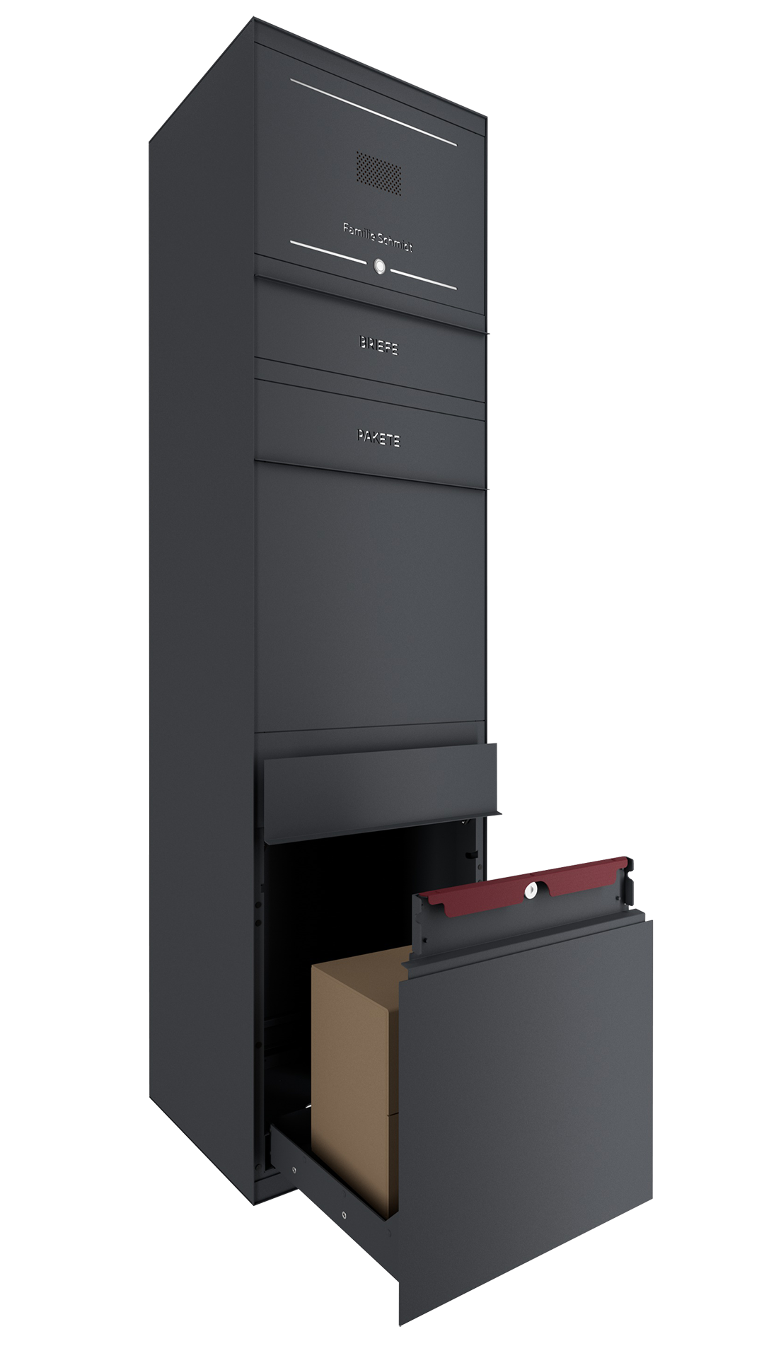 Paketbox SEVEN SELECT mit Sprechsieb & Klingeltaster | Entnahmeseite: Vorderseite | 1 Briefkasten | Anthrazitgrau RAL 7016