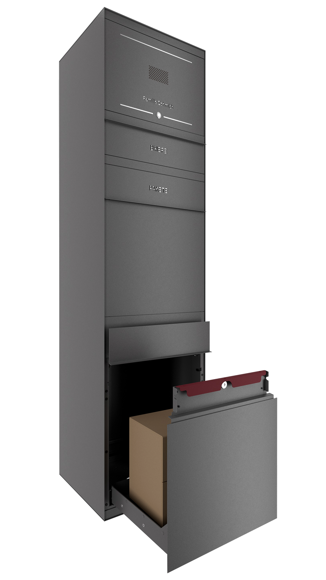 Paketbox SEVEN SELECT mit Sprechsieb & Klingeltaster | Entnahmeseite: Vorderseite | 1 Briefkasten | Eisenglimmer Grau DB703