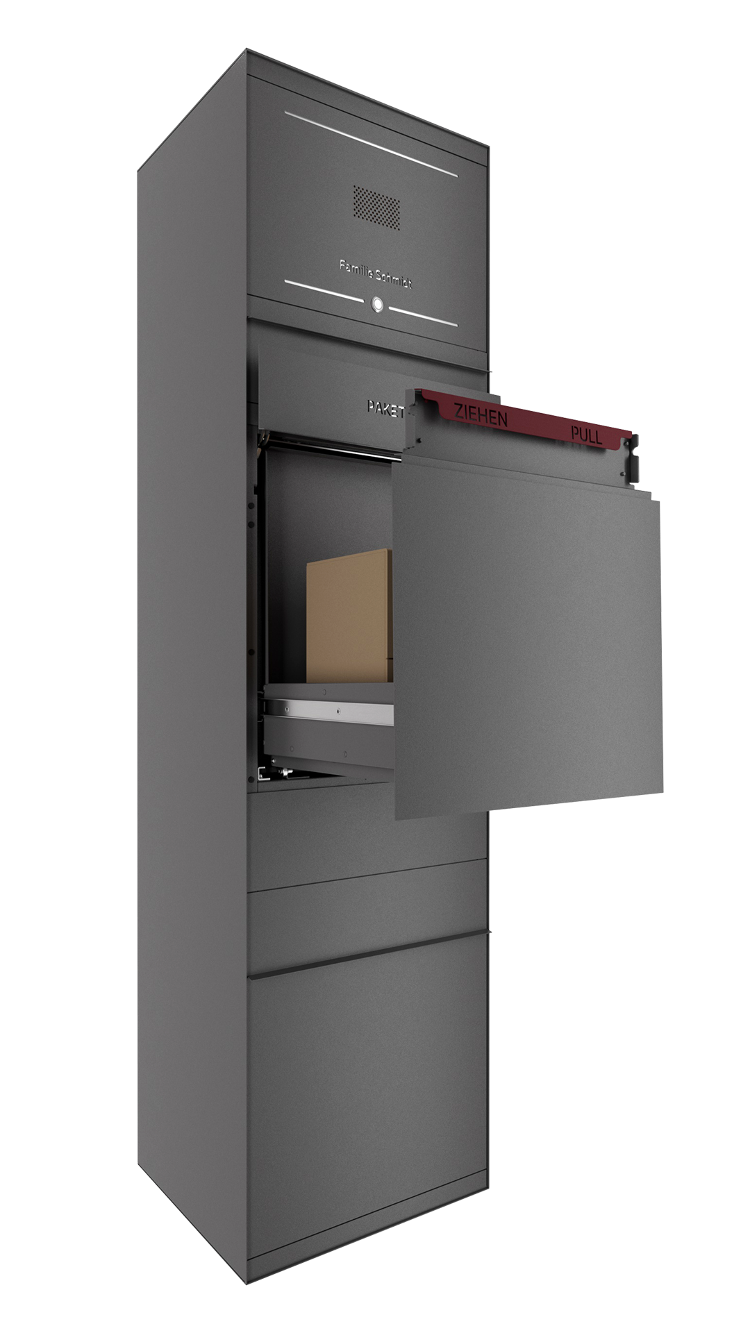Paketbox SEVEN SELECT mit Sprechsieb & Klingeltaster | Entnahmeseite: Vorderseite | 1 Briefkasten | Eisenglimmer Grau DB703