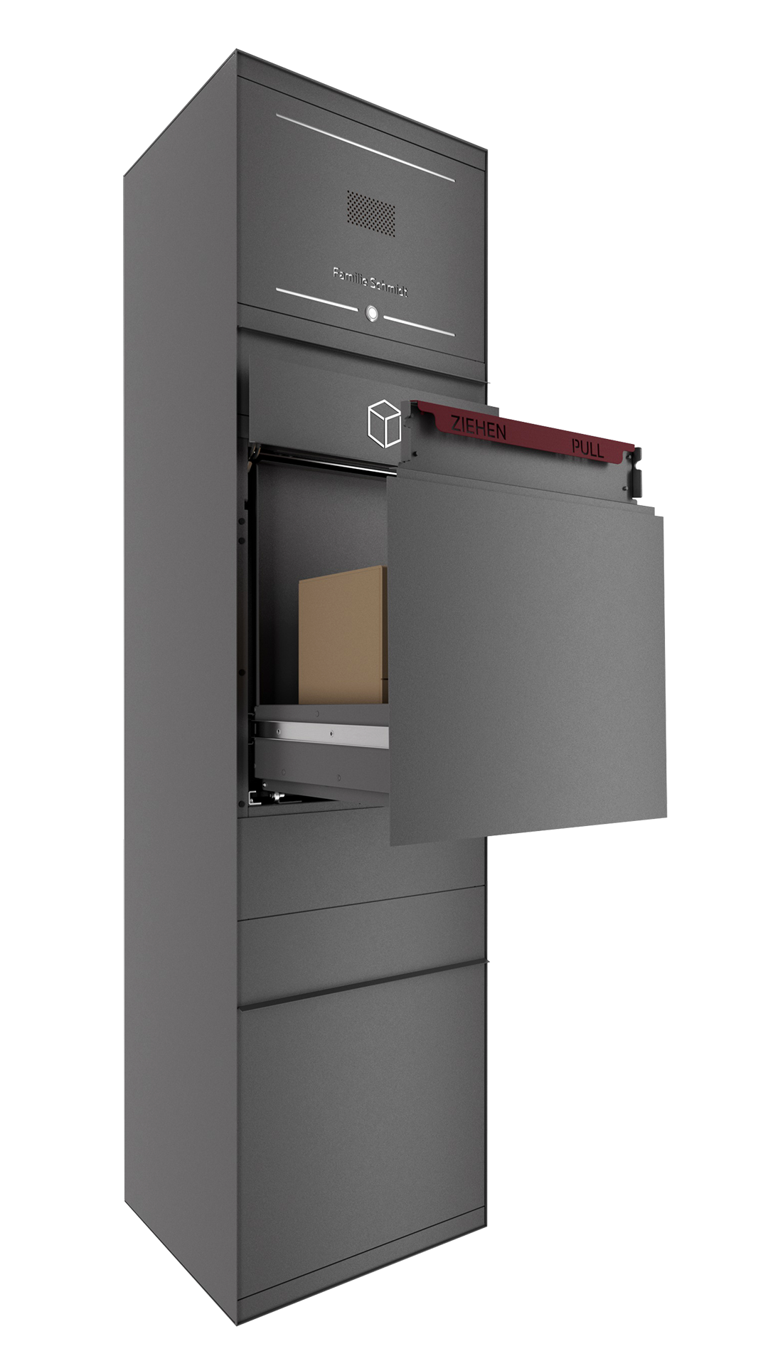 Paketbox SEVEN mit Sprechsieb & Klingeltaster | Entnahmeseite: Vorderseite | 1 Briefkasten | Eisenglimmer Grau DB703