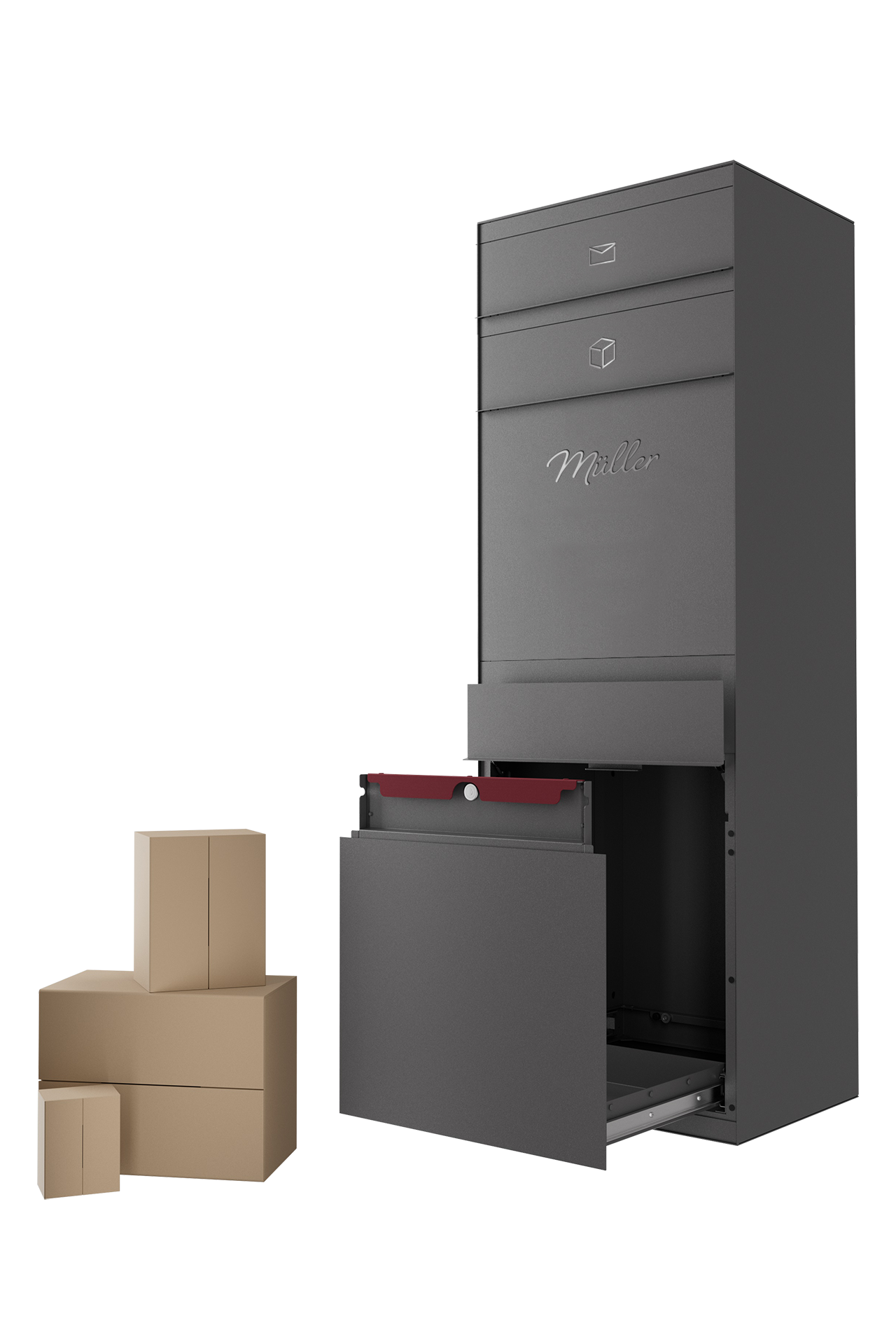 Paketbox SEVEN CURVED | Entnahmeseite: Vorderseite | 1 Briefkasten | Eisenglimmer Grau DB703
