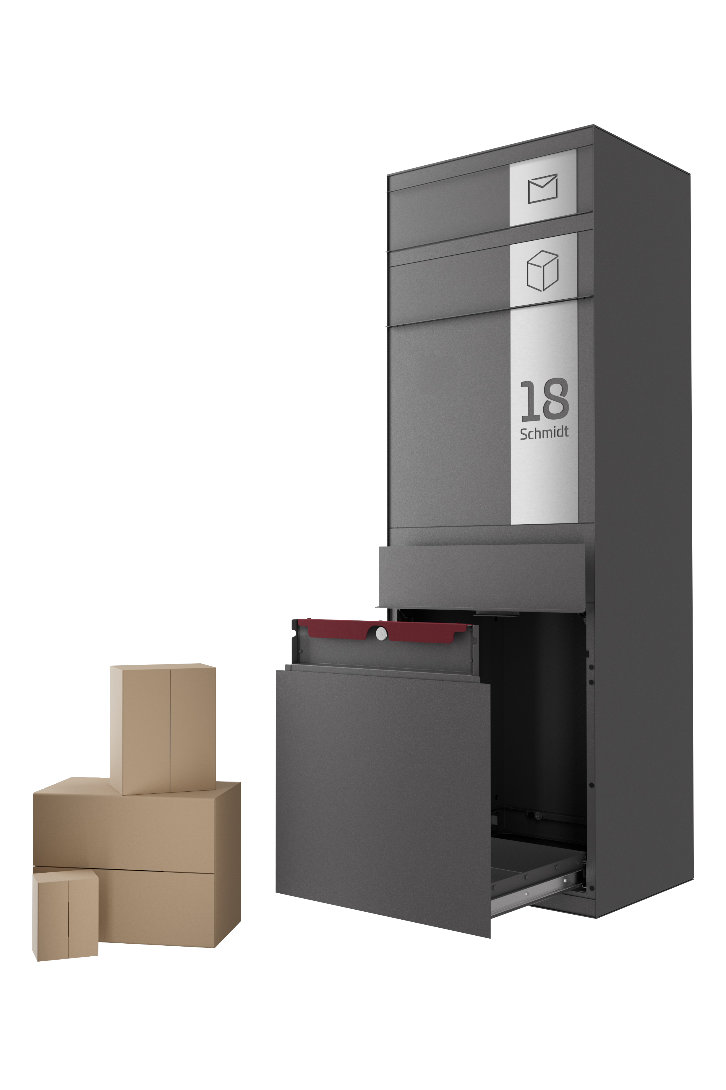 Paketbox SEVEN SQUARE | Entnahmeseite: Vorderseite | 1 Briefkasten | Eisenglimmer Grau DB703