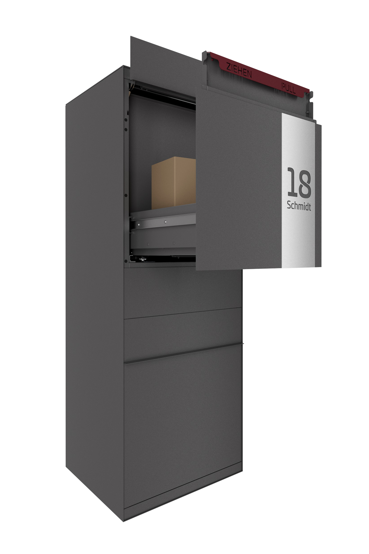 Paketbox SEVEN SQUARE | Entnahmeseite: Vorderseite | Eisenglimmer Grau DB703