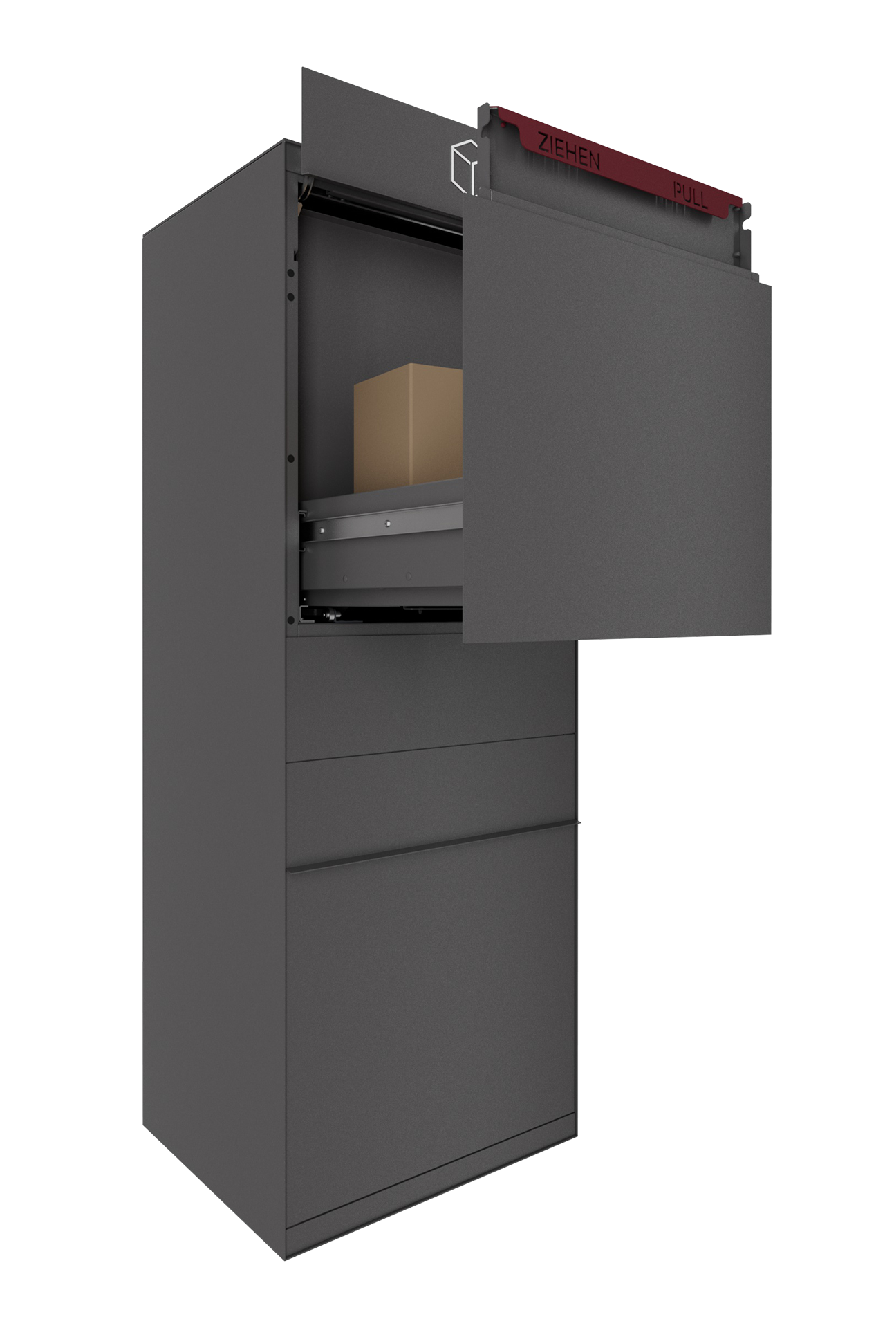 Paketbox SEVEN | Entnahmeseite: Vorderseite | Eisenglimmer Grau DB703