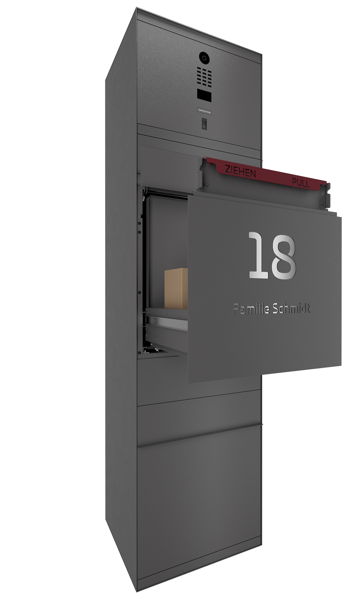Paketbox SEVEN SELECT mit Doorbird & Fingerprint | Entnahmeseite: Vorderseite | 1 Briefkasten | Eisenglimmer Grau DB703