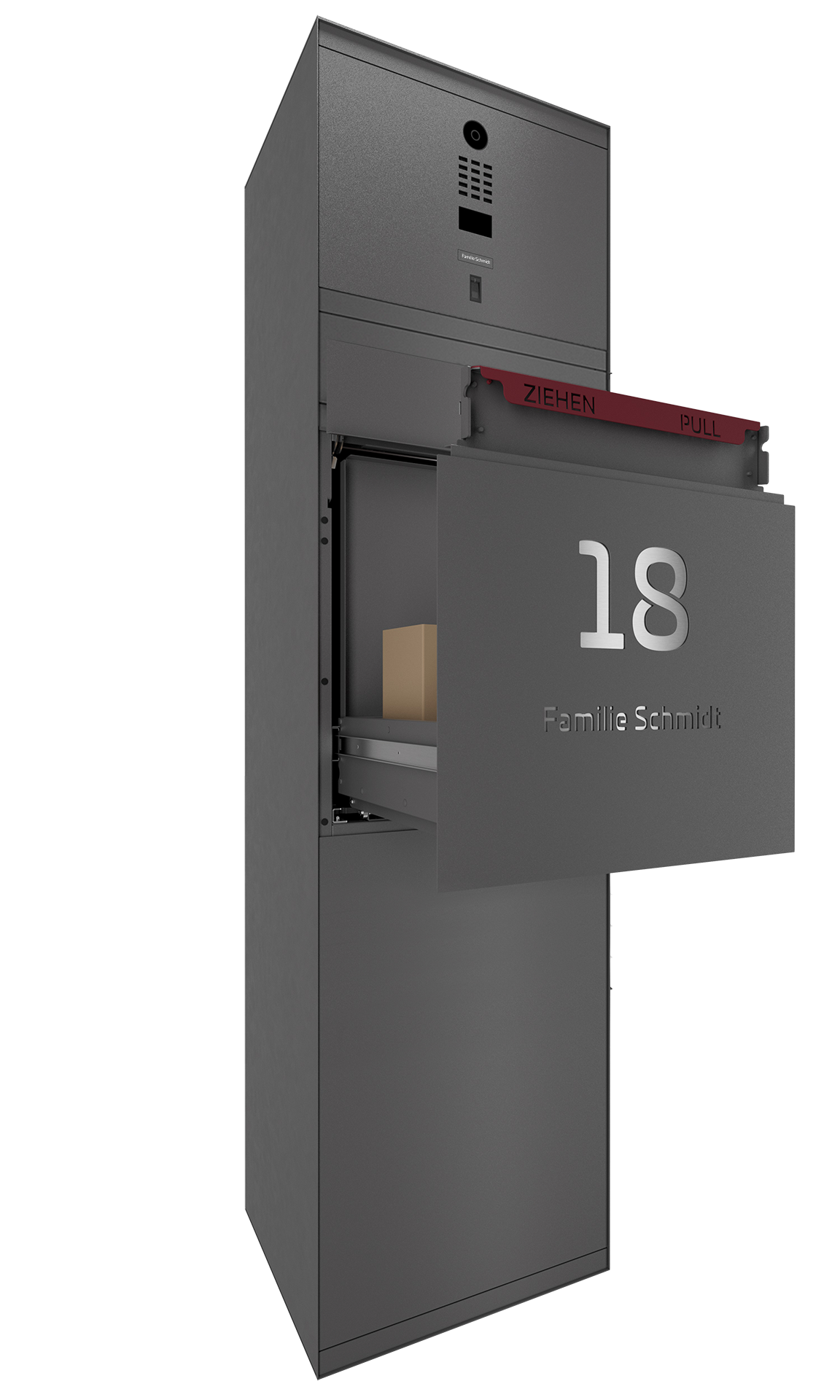 Paketbox SEVEN SELECT mit Doorbird & Fingerprint | Entnahmeseite: Rückseite | 1 Briefkasten | Eisenglimmer Grau DB703