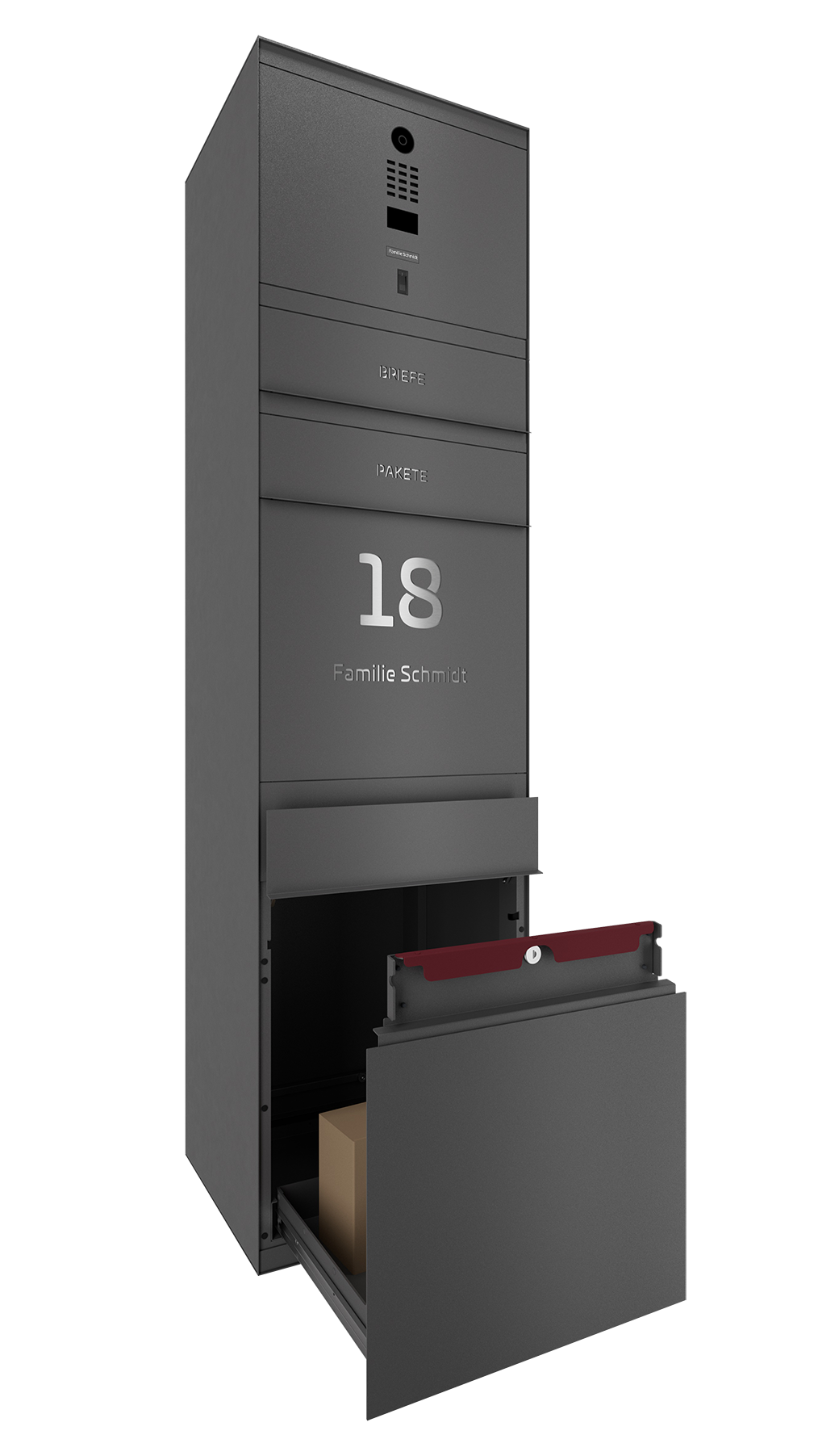 Paketbox SEVEN SELECT mit Doorbird & Fingerprint | Entnahmeseite: Vorderseite | 1 Briefkasten | Eisenglimmer Grau DB703