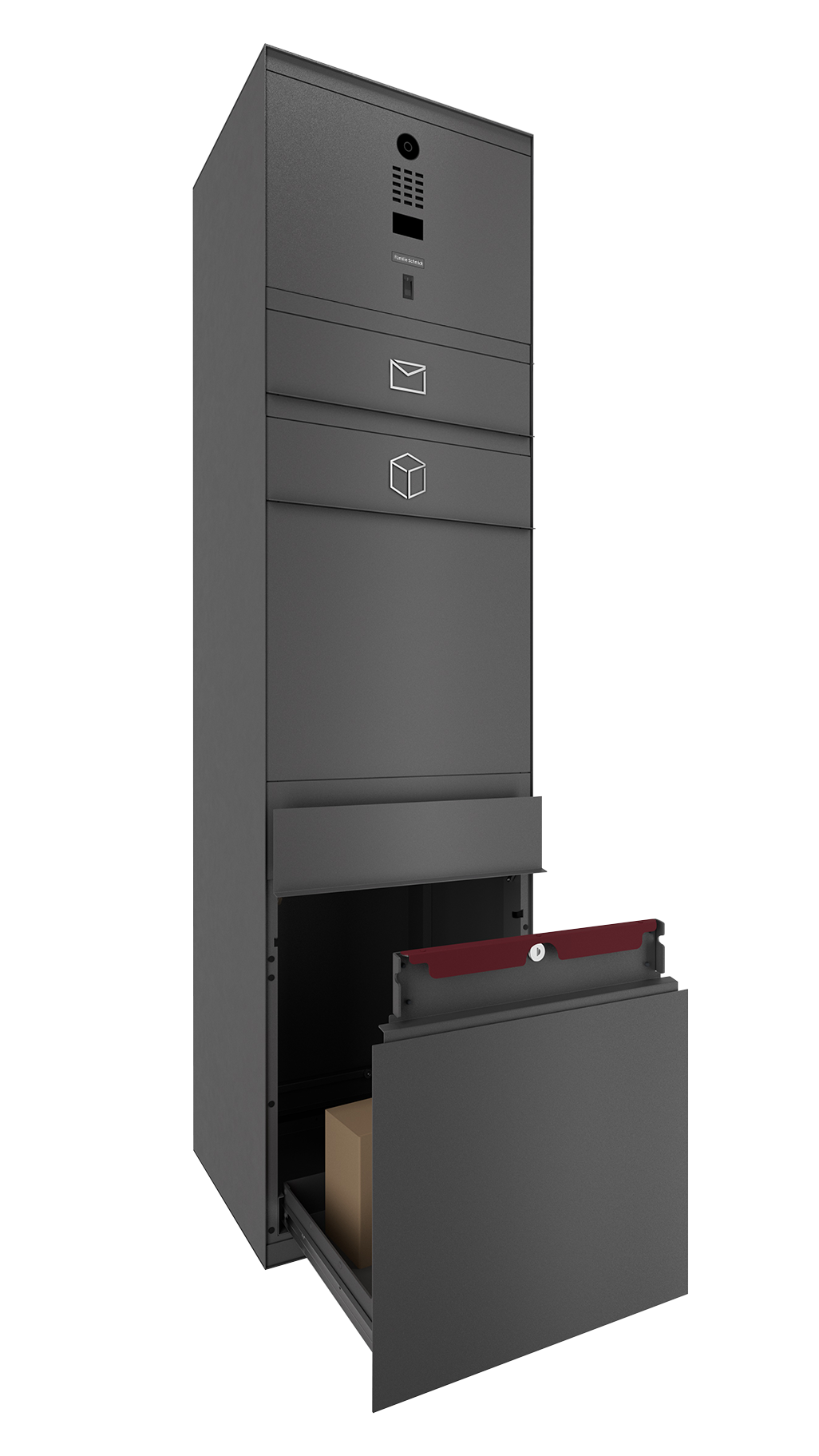 Paketbox SEVEN mit Doorbird & Fingerprint | Entnahmeseite: Vorderseite | 1 Briefkasten | Eisenglimmer Grau DB703