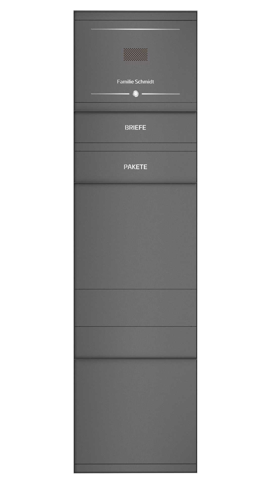 Paketbox SEVEN SELECT mit Sprechsieb & Klingeltaster | Entnahmeseite: Vorderseite | 1 Briefkasten | Eisenglimmer Grau DB703