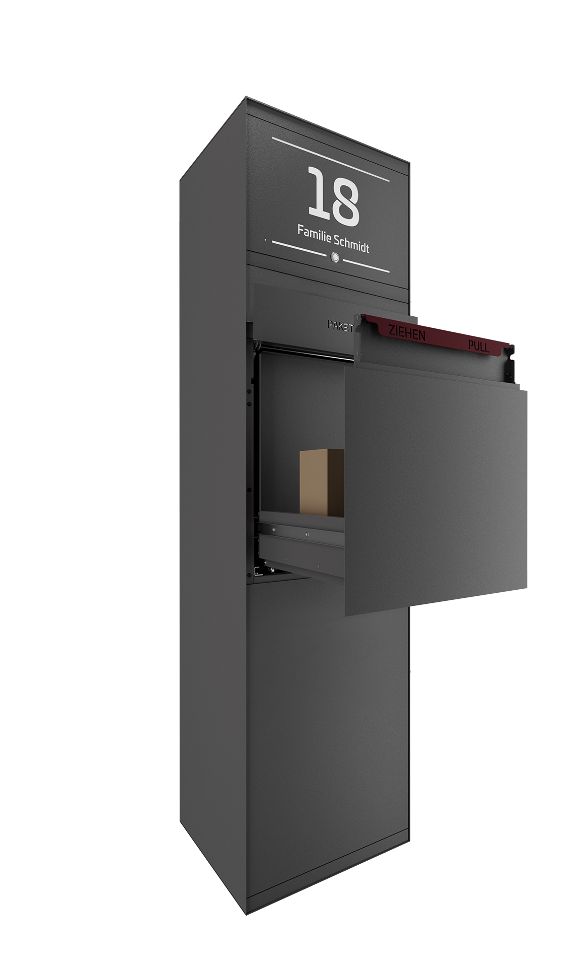 Paketbox SEVEN SELECT mit Klingeltaster & Beleuchtung | Entnahmeseite: Rückseite | 1 Briefkasten | Eisenglimmer Grau DB703