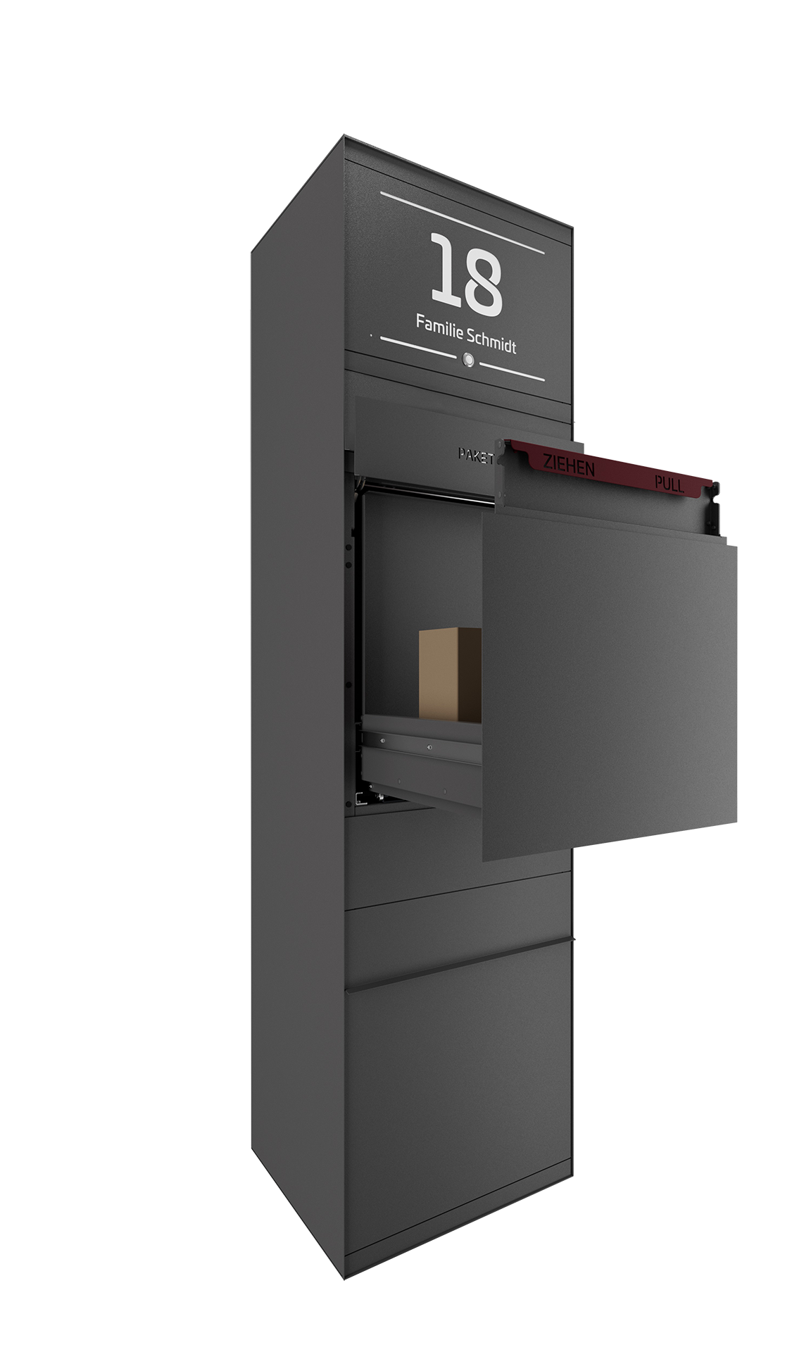 Paketbox SEVEN SELECT mit Klingeltaster & Beleuchtung | Entnahmeseite: Vorderseite | 1 Briefkasten | Eisenglimmer Grau DB703