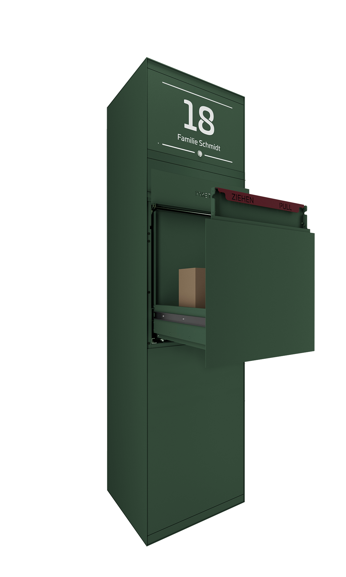 Paketbox SEVEN SELECT mit Klingeltaster & Beleuchtung | Entnahmeseite: Vorderseite | 1 Briefkasten | Wunschfarbe