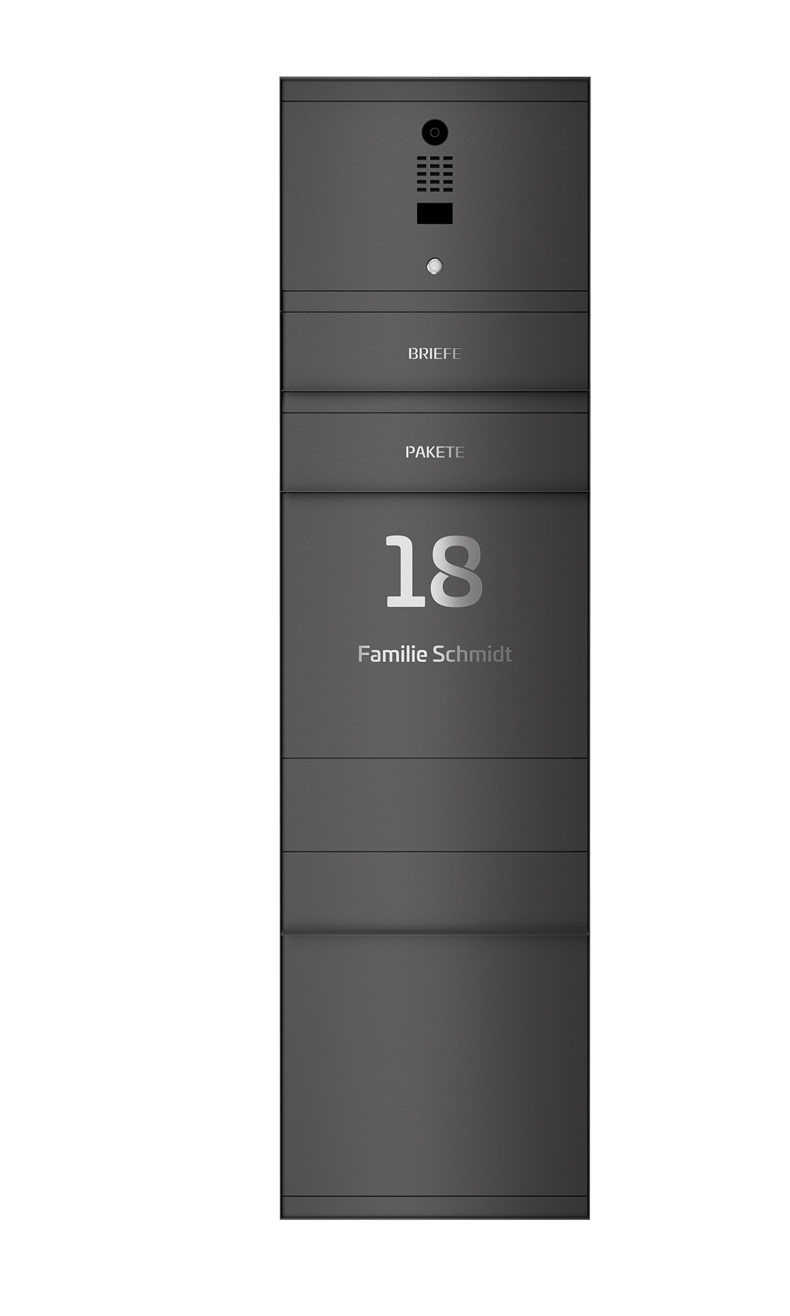 Paketbox SEVEN SELECT mit Doorbird | Entnahmeseite: Vorderseite | 1 Briefkasten | Eisenglimmer Grau DB703