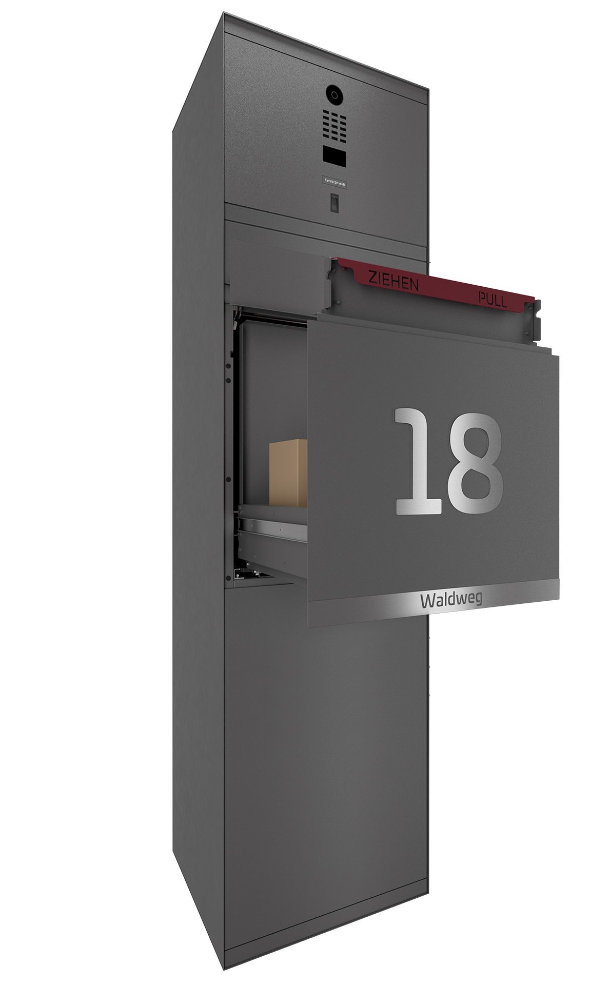 Paketbox SEVEN LINE mit Doorbird & Fingerprint | Entnahmeseite: Rückseite | 1 Briefkasten | Eisenglimmer Grau DB703