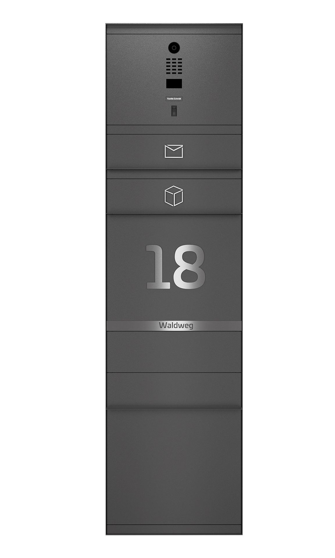 Paketbox SEVEN LINE mit Doorbird & Fingerprint | Entnahmeseite: Vorderseite | 1 Briefkasten | Eisenglimmer Grau DB703