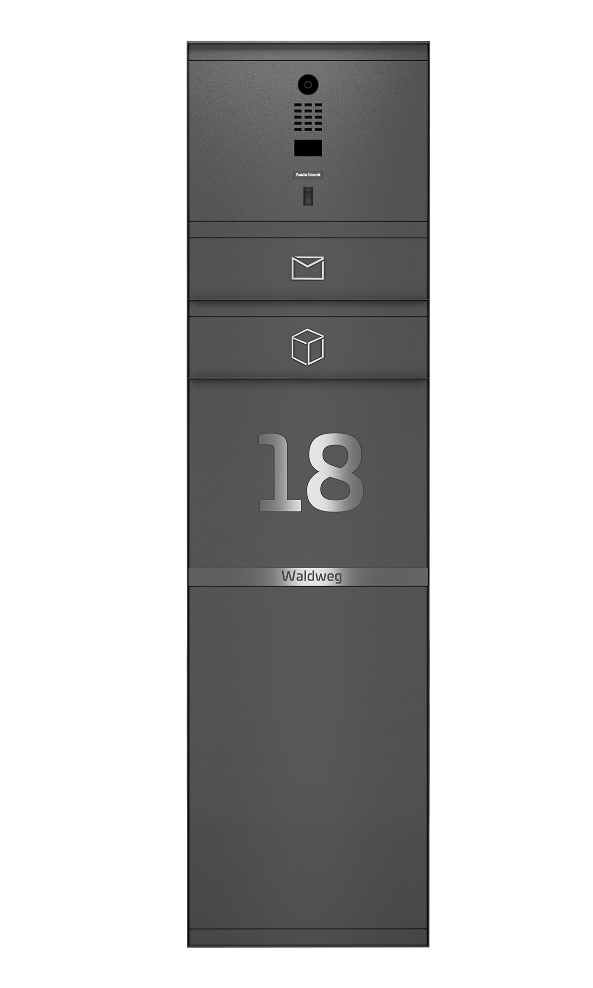 Paketbox SEVEN LINE mit Doorbird & Fingerprint | Entnahmeseite: Rückseite | 1 Briefkasten | Eisenglimmer Grau DB703