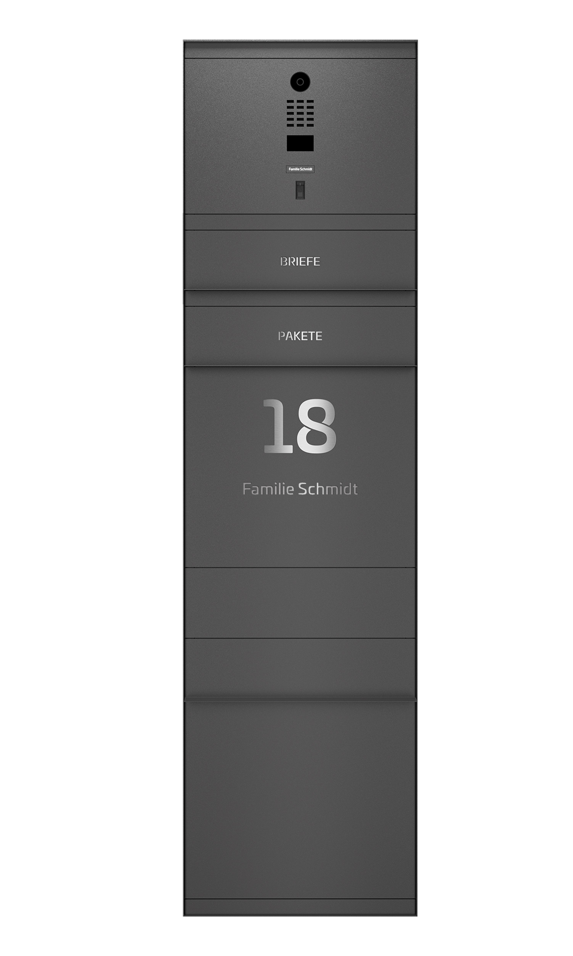 Paketbox SEVEN SELECT mit Doorbird & Fingerprint | Entnahmeseite: Vorderseite | 1 Briefkasten | Eisenglimmer Grau DB703