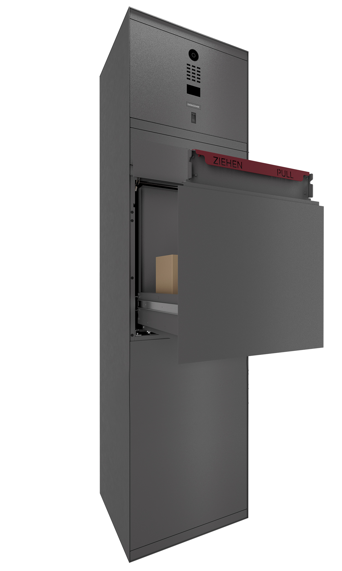 Paketbox SEVEN mit Doorbird & Fingerprint | Entnahmeseite: Rückseite | 1 Briefkasten | Eisenglimmer Grau DB703