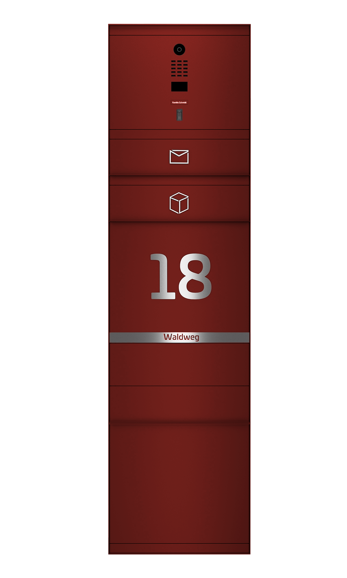 Paketbox SEVEN LINE mit Doorbird & Fingerprint | Entnahmeseite: Vorderseite | 1 Briefkasten | Wunschfarbe