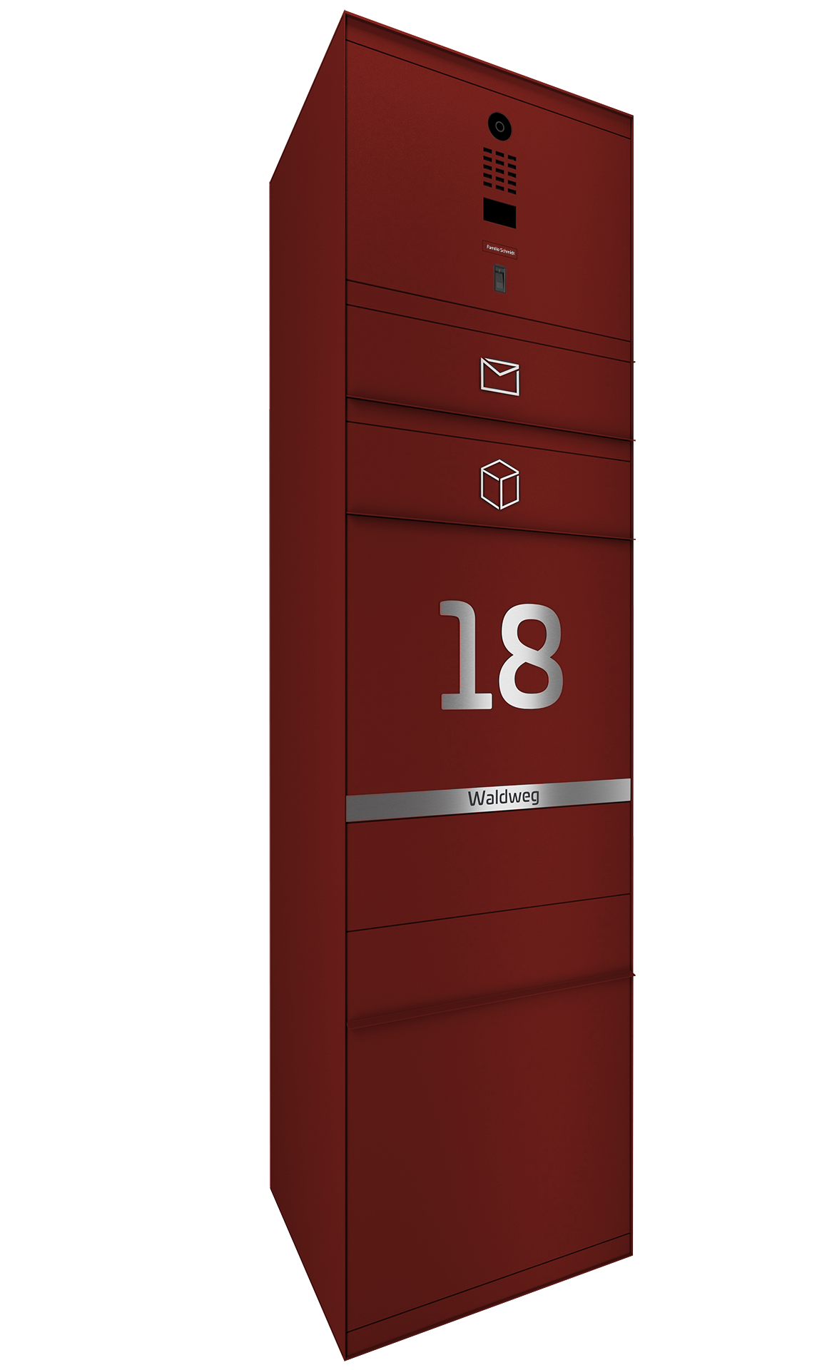 Paketbox SEVEN LINE mit Doorbird & Fingerprint | Entnahmeseite: Vorderseite | 1 Briefkasten | Wunschfarbe