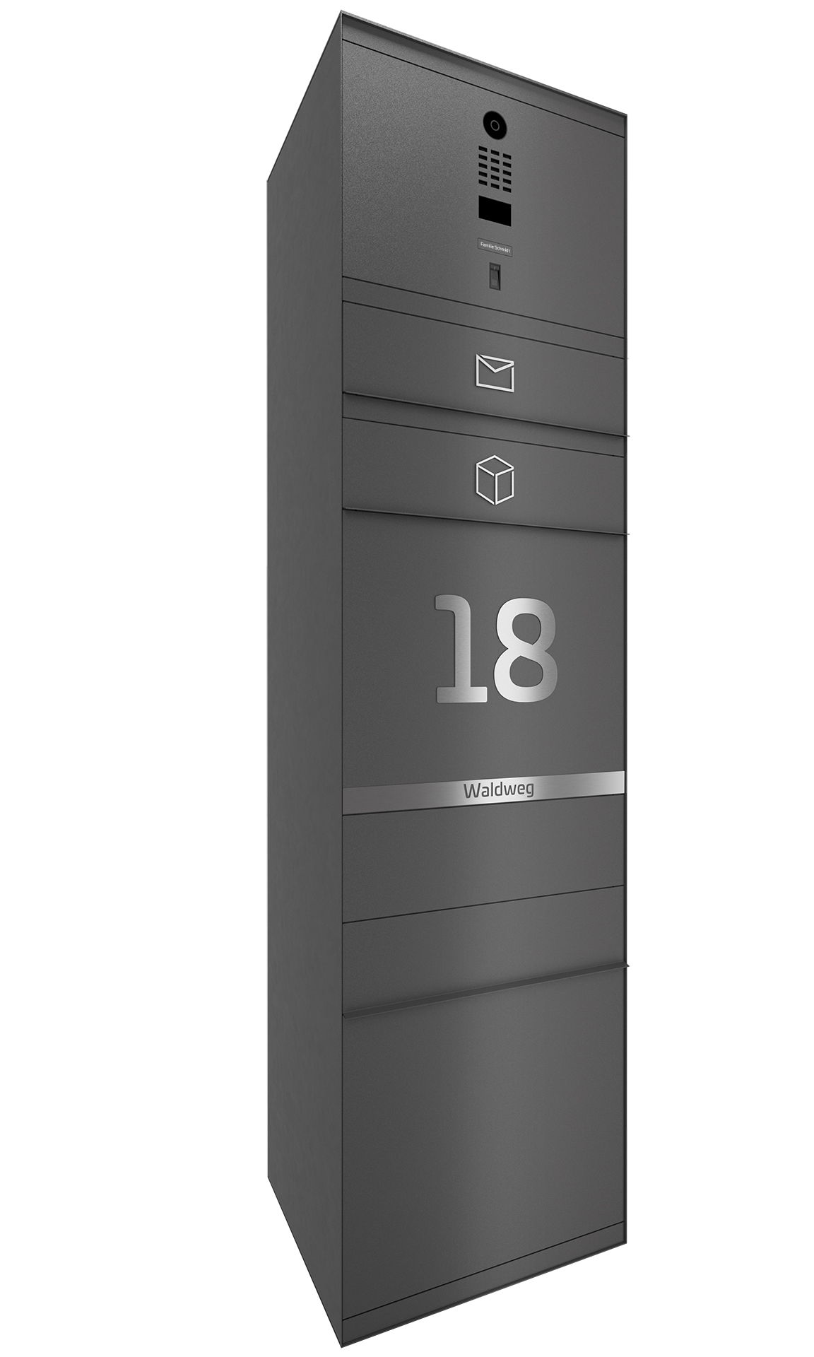 Paketbox SEVEN LINE mit Doorbird & Fingerprint | Entnahmeseite: Vorderseite | 1 Briefkasten | Eisenglimmer Grau DB703