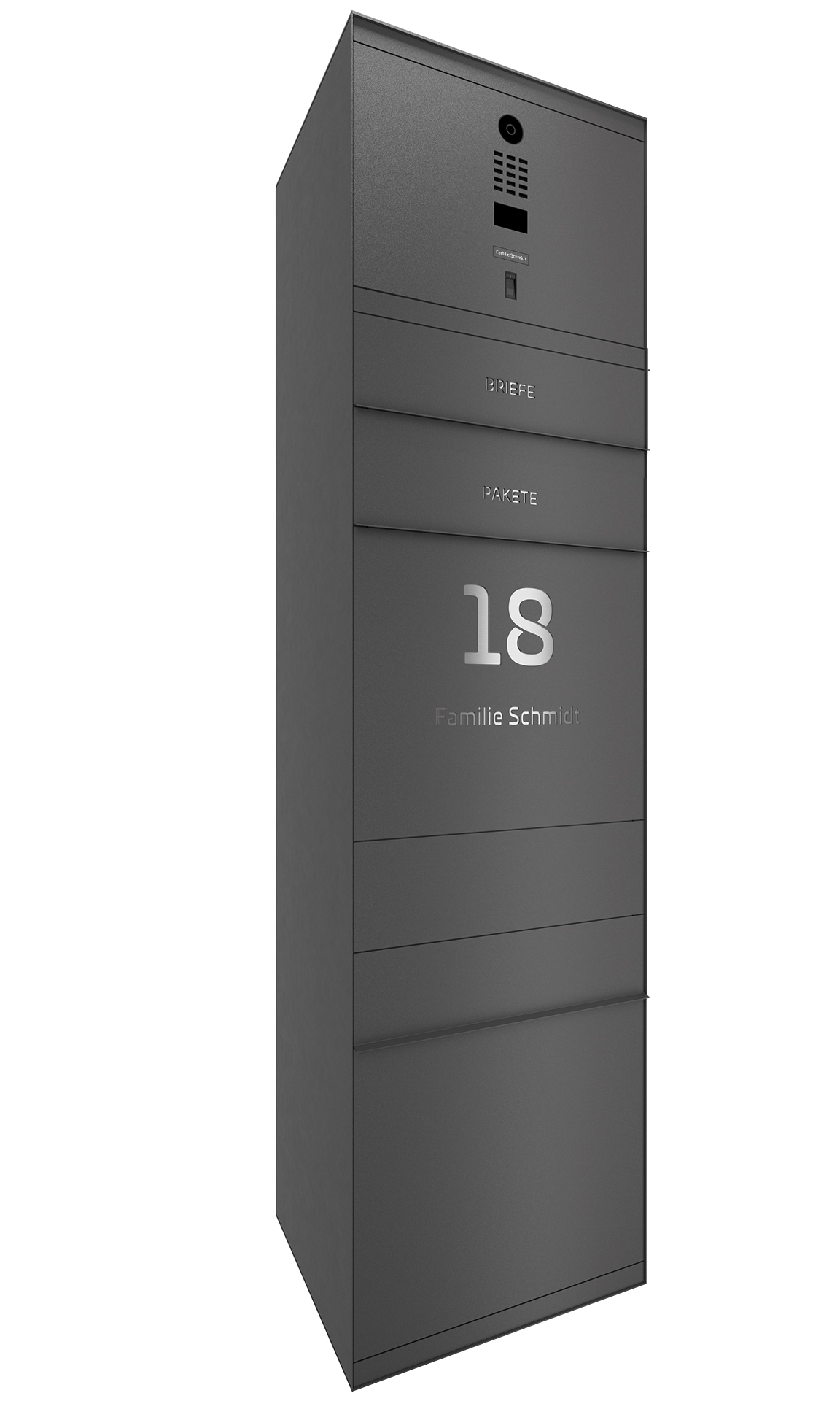 Paketbox SEVEN SELECT mit Doorbird & Fingerprint | Entnahmeseite: Vorderseite | 1 Briefkasten | Eisenglimmer Grau DB703