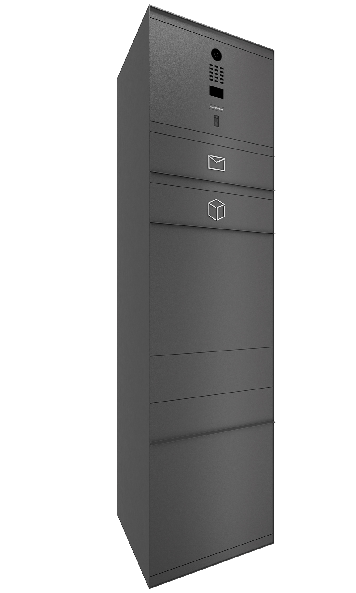 Paketbox SEVEN mit Doorbird & Fingerprint | Entnahmeseite: Vorderseite | 1 Briefkasten | Eisenglimmer Grau DB703